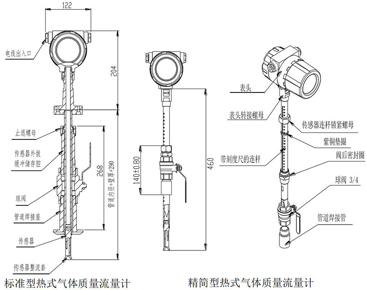 智能熱式氣體質量流量計插入式結構尺寸圖